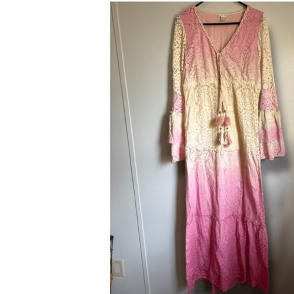 Venus Womens Long Crochet Embroidered Pink White Floral Ombre Maxi Dress sz M - Picture 3 of 13